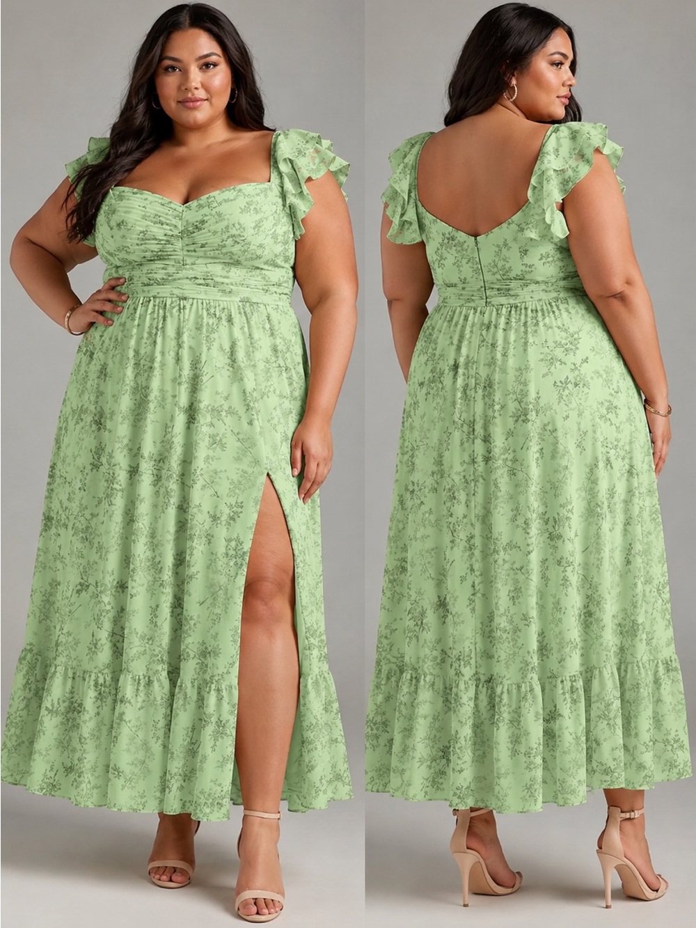 AZAZIE Plus Size A24 Anaya Fern Floral A-Line Sweetheart Neckline Chiffon Dress
